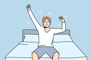 un jeune homme heureux s'étire en se réveillant dans la chambre à coucher de la maison. un gars souriant excité par le bonjour au lit fait de la gymnastique du matin. illustration vectorielle. vecteur