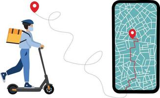 coursier de gars sur scooter électrique, livraison en ligne, suivi des commandes en ligne, livraison à domicile et au bureau. mode de vie moderne, technologie. transport écologique pour le mode de vie urbain. peut être loué pour un trajet rapide. vecteur