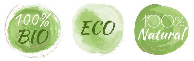 étiquettes d'aliments écologiques et biologiques. ensemble de logos verts pour les produits naturels. eco et bio, produits, alimentation naturelle, 100 aliments sains vecteur