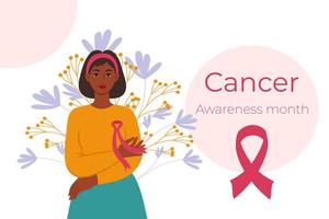 une femme avec un ruban rose sur la poitrine est un symbole de la lutte contre le cancer du sein. concept de prévention du cancer. illustration vectorielle plane vecteur