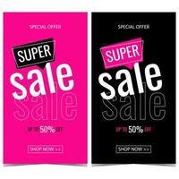 super vente et bannière de remise pour la promotion de la saison des achats. jusqu'à 50% de réduction et annonce d'offre spéciale. affiche de vente de vecteur, dépliant, brochure ou livret dans un style plat. prêt à imprimer. vecteur