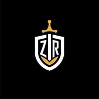 lettre créative zr logo gaming esport avec des idées de conception de bouclier et d'épée vecteur