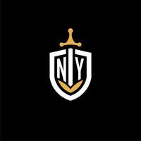 lettre créative ny logo gaming esport avec des idées de conception de bouclier et d'épée vecteur