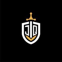lettre créative jq logo gaming esport avec des idées de conception de bouclier et d'épée vecteur