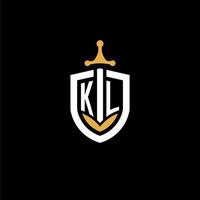 lettre créative kl logo gaming esport avec des idées de conception de bouclier et d'épée vecteur