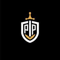 lettre créative pp logo gaming esport avec des idées de conception de bouclier et d'épée vecteur