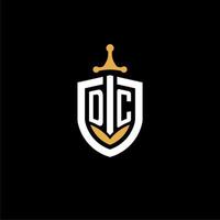 lettre créative dc logo gaming esport avec des idées de conception de bouclier et d'épée vecteur