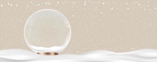 boule de noël avec neige sur fond de mur crème, scène d'hiver 3d avec décoration en cristal de noël sur couleur vanille avec espace de copie, bannière d'horizon vectoriel pour noël ou nouvel an avec tendances de couleur 2023