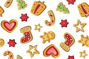 modèle sans couture d'icônes colorées de beaux biscuits de Noël. fond de supports de nouvel an décorés doux - pain d'épice étoile père noël flocon de neige chaussette de boule d'arbre de noël. vecteur