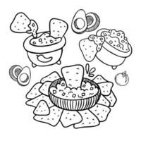 page de coloriage de nourriture mexicaine. nachos au guacamole, salsa de tomates. vecteur