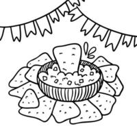 page de coloriage de nourriture mexicaine. Doodle nachos de style guacamole. drapeaux festifs vecteur