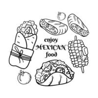 page de coloriage de nourriture mexicaine. doodle burrito, tacos, maïs. cuisine latino-américaine vecteur