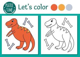 page de coloriage préhistorique pour les enfants. jolie scène drôle avec tyrannosaurus rex. illustration vectorielle de contour de la période jurassique. livre de couleurs dino pour les enfants avec un exemple coloré vecteur