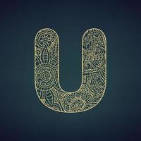 lettre u dans un style doodle, mandala. alphabet dans le style doré, illustration vectorielle pour coloriage vecteur