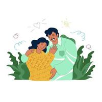 jeune couple de famille hispanique latino-américain heureux, mari avec moustache et femme enceinte. parentalité, grossesse, concept de convivialité avec fond de feuilles. illustration de style de griffonnage vecteur