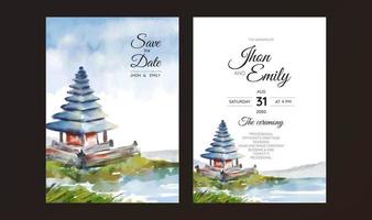 bedugul bali paysage aquarelle fond sur invitation de mariage vecteur