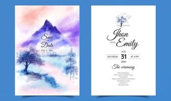 beau fond aquarelle de paysage de montagne sur invitation de mariage vecteur