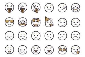 ensemble d'icônes smiley émoticône. emoji de dessin animé serti d'émotion souriante, triste, heureuse et plate dans un style à deux tons vecteur