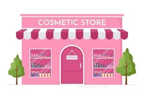 magasin de cosmétiques avec choix de produits de soins de la peau, de cosmétiques, de parfums, de maquillage et de beauté pour filles dans l'illustration de modèles dessinés à la main de dessin animé plat vecteur