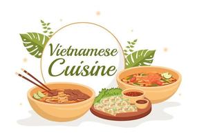menu de restaurant de cuisine vietnamienne avec collection de divers plats de cuisine délicieuse dans un dessin animé de style plat illustration de modèles dessinés à la main vecteur