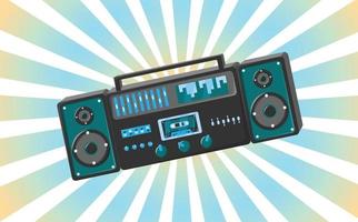 ancienne affiche vintage rétro avec magnétophone à cassettes de musique avec babbin à bande magnétique sur bobines et haut-parleurs des années 70, 80, 90 le fond des rayons bleus du soleil. illustration vectorielle vecteur