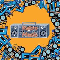 ancienne affiche carrée rétro vintage avec magnétophone à cassettes de musique avec babbin à bande magnétique sur bobines et haut-parleurs des années 70, 80, 90 en arrière-plan. illustration vectorielle vecteur