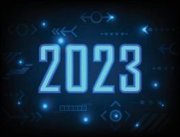 bonne année 2023 technologie futuriste mondiale. Fond de bannière numérique bonne année 2023. style polygonal rougeoyant futuriste sur bleu. illustration vectorielle. vecteur