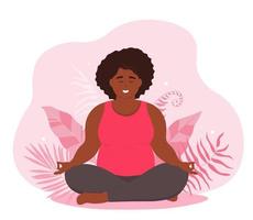 une fille pleine est assise dans la position du lotus sur un fond de feuilles tropicales. une femme afro-américaine en surpoids fait du yoga, de la gym. le concept de positivité corporelle, la perception de soi. graphiques vectoriels. vecteur