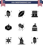 pack de 9 signes de glyphes solides de célébration de la fête de l'indépendance des états-unis et symboles du 4 juillet tels que fly bloon américain usa citrouille modifiable usa day vector design elements