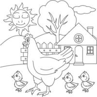 poule avec page de coloriage de personnage de dessin animé de bébé poulet. livre de coloriage pour les enfants vecteur