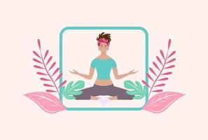 la femme fait du yoga, de la méditation, de l'exercice. assis sur le sol en position du lotus. vecteur