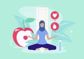 une femme arabe avec hijab fait du yoga en position du lotus et une vie saine autour, de l'eau, des fruits et de la nature. vecteur