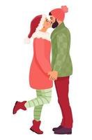 couple romantique génial dans des tenues de vacances de noël. les amoureux se penchent pour s'embrasser et se tenir la main. jolie illustration de Noël isolée sur fond blanc. vecteur