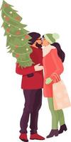 couple romantique s'embrassant dans des vêtements d'hiver, homme tenant un sapin de noël, femme tenant un sac à provisions. vecteur