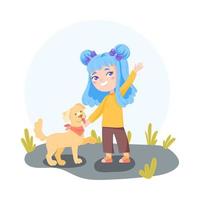 jolie petite fille avec des petits pains sur le côté coiffure couleur bleue avec un chien jaune vecteur