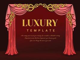 rideaux de luxe couleur rouge, style dessiné à la main, ornement baroque et bordure florale aux contours dorés. vecteur