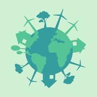 icône, autocollant, bouton sur le thème de l'économie et de l'énergie renouvelable avec la terre, la planète, la maison et les éoliennes vecteur