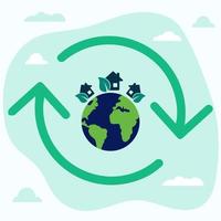 icône, autocollant, bouton sur le thème de l'économie et de l'énergie renouvelable avec la terre, la planète, les maisons, les feuilles et l'icône renouvelable vecteur