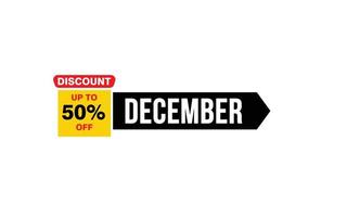 Offre de réduction de 50 % en décembre, dédouanement, mise en page de la bannière de promotion avec style d'autocollant. vecteur