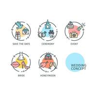 ensemble d'étiquettes d'icônes de fine ligne de concept de cérémonie de mariage. vecteur
