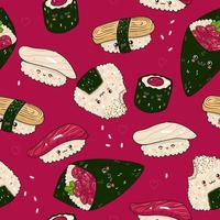 modèle sans couture avec kawaii sushi et onigiri. graphiques vectoriels. vecteur