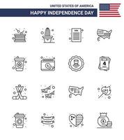 4 juillet usa joyeux jour de l'indépendance icône symboles groupe de 16 lignes modernes de boisson usa pot thanksgiving américain modifiable usa day vector design elements