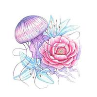 méduse avec pivoine et fleur de lys. illustration aquarelle vecteur