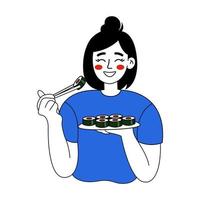 jeune femme mangeant des sushis avec des baguettes isolées sur fond blanc. vecteur