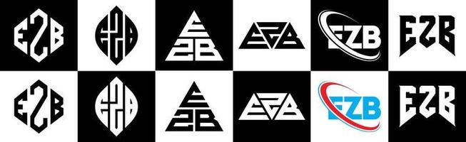 création de logo de lettre ezb en six styles. polygone ezb, cercle, triangle, hexagone, style plat et simple avec logo de lettre de variation de couleur noir et blanc dans un plan de travail. logo minimaliste et classique ezb vecteur