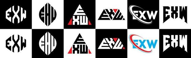 création de logo de lettre exw en six styles. exw polygone, cercle, triangle, hexagone, style plat et simple avec logo de lettre de variation de couleur noir et blanc dans un plan de travail. exw logo minimaliste et classique vecteur