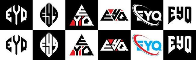 création de logo de lettre eyq en six styles. polygone eyq, cercle, triangle, hexagone, style plat et simple avec logo de lettre de variation de couleur noir et blanc dans un plan de travail. logo minimaliste et classique eyq vecteur