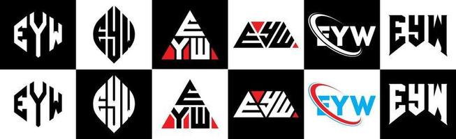 création de logo de lettre eyw en six styles. eyw polygone, cercle, triangle, hexagone, style plat et simple avec logo de lettre de variation de couleur noir et blanc dans un plan de travail. eyw logo minimaliste et classique vecteur