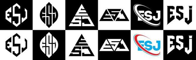 création de logo de lettre esj en six styles. polygone esj, cercle, triangle, hexagone, style plat et simple avec logo de lettre de variation de couleur noir et blanc dans un plan de travail. logo minimaliste et classique esj vecteur