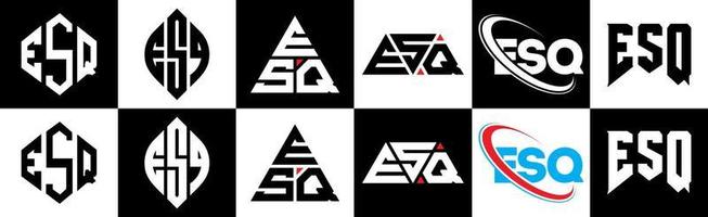 création de logo de lettre esq en six styles. polygone esq, cercle, triangle, hexagone, style plat et simple avec logo de lettre de variation de couleur noir et blanc dans un plan de travail. logo minimaliste et classique esq vecteur